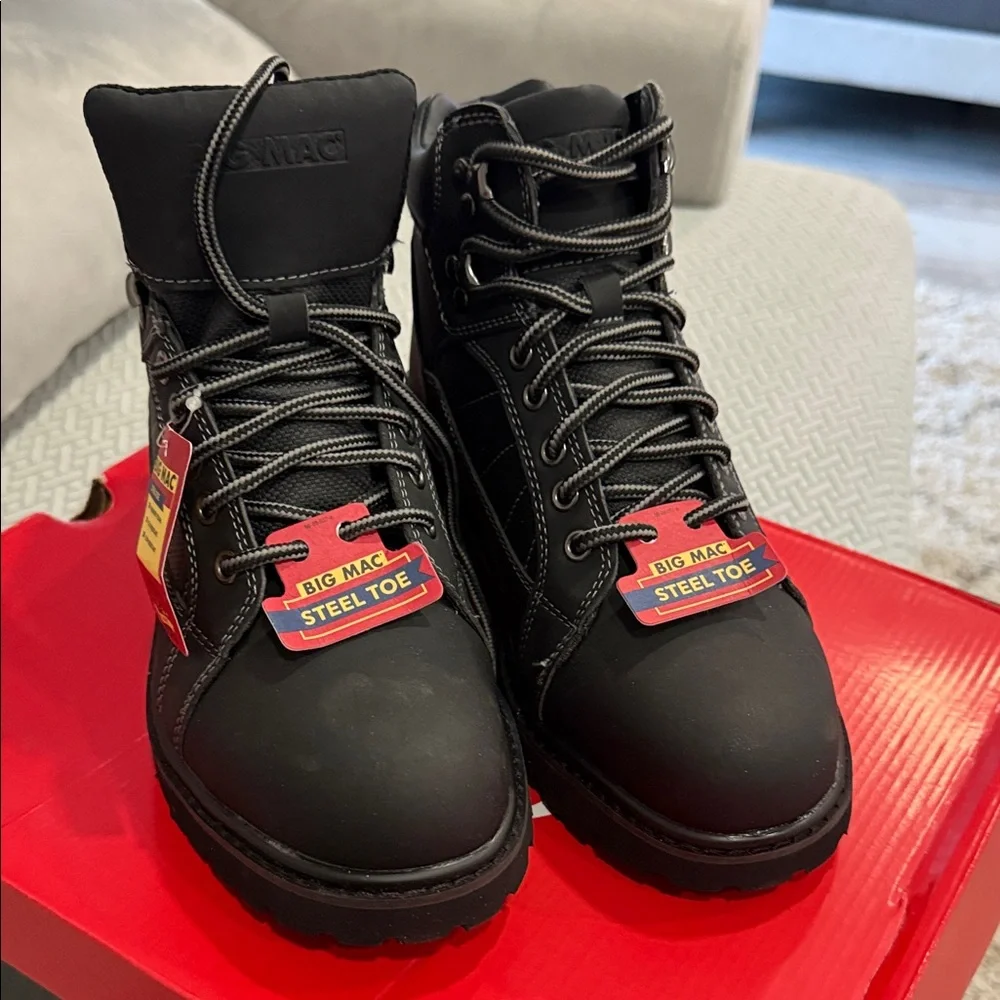 Big Mac Steel Toe Boots Size 7M Black Memory Foam Oil Sleep Resistant Light